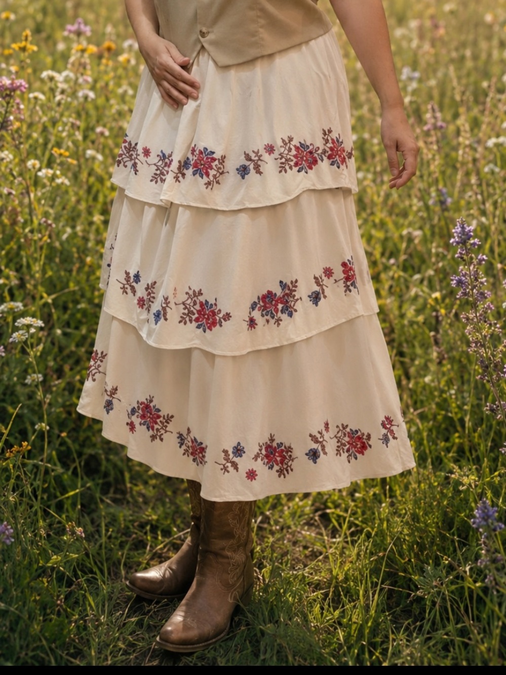 Chelsea & Violet Cream Tiered Maxi Skirt with Red and Blue Floral Embroidery NWT